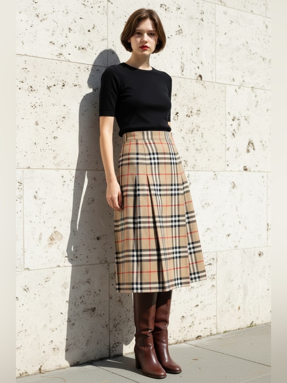 Burberry Beige Plaid Pleated Midi Skirt